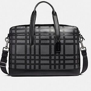 COACH HAMILTON WILD plaid PRINT black & grey leather business bag F11187